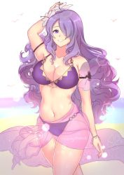 Rule 34 | 1girl, arm up, bikini, breasts, camilla (fire emblem), camilla (summer) (fire emblem), cleavage, fire emblem, fire emblem fates, fire emblem heroes, flower, hair flower, hair ornament, hair over one eye, large breasts, long hair, navel, nintendo, purple eyes, purple hair, sarong, see-through, smile, solo, swimsuit, tcong, thighs, wavy hair