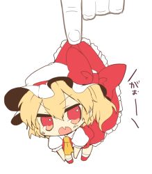 Rule 34 | 1girl, ascot, blonde hair, bow, chibi, fang, flandre scarlet, hat, hat bow, held up, lifting person, mini person, minigirl, mob cap, open mouth, paragasu (parags112), pov, pov hands, puffy sleeves, red eyes, shirt, short sleeves, side ponytail, simple background, skin fang, skirt, solo focus, touhou, vest, white background, wings