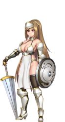 Rule 34 | 1girl, armor, bare shoulders, blonde hair, breasts, cleavage, gochou (kedama), groin, holding, holding sword, holding weapon, large breasts, legs, long hair, looking at viewer, official art, orange eyes, sennen sensou aigis, shield, smile, solo, standing, sword, thighs, transparent background, weapon, white background, zenobia (sennen sensou aigis)
