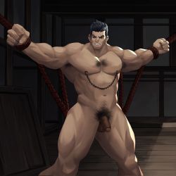Rule 34 | 1boy, armpit hair, armpits, bara, bdsm, black hair, bondage, bound, clenched hands, completely nude, darius (league of legends), feet out of frame, hairy, highres, large pectorals, league of legends, looking to the side, male focus, manly, mature male, multicolored hair, muscular, muscular male, nipple chain, nipple piercing, nipples, nude, outstretched arms, pectorals, penis, piercing, pubic hair, rope, scar, scar on face, short hair, solo, spiked hair, spread arms, spread legs, teeth, testicles, thick arms, thick eyebrows, thick thighs, thighs, wanchibaby, white hair, wooden floor
