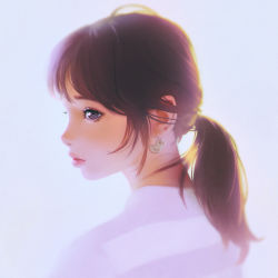 Rule 34 | 1girl, ahoge, blue background, blue eyes, blush, brown hair, earrings, expressionless, from side, ilya kuvshinov, jewelry, lips, long hair, nose, nose blush, original, parted lips, ponytail, portrait, profile, red hair, rubber duck earrings, shirt, simple background, solo, upper body, white shirt