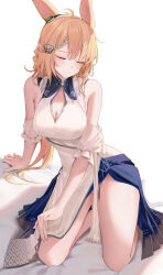 Rule 34 | 1girl, animal ears, antenna hair, arknights, bare shoulders, blonde hair, blush, braid, breasts, china dress, chinese clothes, cleavage, cleavage cutout, closed eyes, clothing cutout, dress, groin, hair ornament, highres, kroos (arknights), kroos the keen glint (along the corridor) (arknights), kroos the keen glint (arknights), large breasts, long hair, multicolored hair, nail polish, no panties, official alternate costume, orange nails, rabbit ears, rabbit girl, ru zhai, seiza, simple background, sitting, sleeveless, sleeveless dress, solo, streaked hair, white background