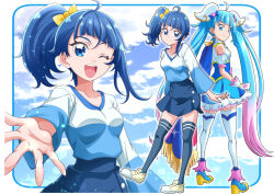 Rule 34 | 1girl, ;d, ahoge, blue border, blue cape, blue dress, blue eyes, blue footwear, blue hair, blue shirt, blue skirt, blue thighhighs, boots, border, bow, cape, closed mouth, commentary request, cure sky, dated, detached sleeves, diagonal bangs, double horizontal stripe, dress, earrings, fingerless gloves, foreshortening, frilled dress, frills, fringe trim, gloves, gradient hair, hair bow, hanzou, heart, highres, hirogaru sky! precure, jewelry, long hair, long sleeves, looking at viewer, looking back, magical girl, medium hair, miniskirt, multicolored hair, multiple views, one eye closed, open mouth, outside border, pink hair, precure, puffy detached sleeves, puffy sleeves, reaching, reaching towards viewer, revision, rounded corners, shirt, shoes, short dress, side ponytail, single sidelock, skirt, sleeveless, sleeveless dress, smile, sneakers, sora harewataru, standing, streaked hair, teeth, thighhighs, twintails, twitter username, upper teeth only, v-neck, very long hair, white gloves, white thighhighs, wing hair ornament, yellow bow, yellow footwear, zettai ryouiki