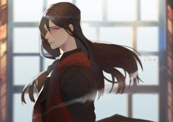 Rule 34 | 1boy, absurdres, bishounen, black eyes, black hair, brown hair, butterfly39561, character name, fate (series), grey eyes, highres, long hair, lord el-melloi ii, lord el-melloi ii case files, male focus, aged up, red scarf, scarf, solo, stole, upper body, very long hair, waver velvet, window