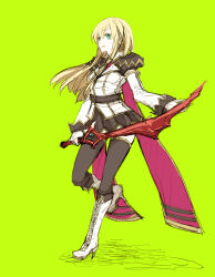 Rule 34 | 1girl, black necktie, blazer, blonde hair, blue eyes, boots, breasts, brown skirt, brown thighhighs, collared shirt, commentary request, cross-laced footwear, full body, genetic (ragnarok online), green background, hair between eyes, holding, holding sword, holding weapon, jacket, kusabi (aighe), long bangs, long hair, looking at viewer, miniskirt, necktie, official alternate costume, open mouth, ragnarok online, red shirt, shirt, simple background, skirt, small breasts, smile, solo, standing, standing on one leg, sword, thighhighs, weapon, white footwear, white jacket, zettai ryouiki