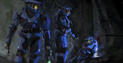 Rule 34 | 3boys, armor, blood, commentary, corpse, dog tags, english commentary, gun, halo (game), halo (series), helmet, highres, holding, holding gun, holding weapon, male focus, multiple boys, plasma pistol, power armor, rythayze, science fiction, sketch, spartan (halo), submachine gun, unfinished, visor, walking, weapon
