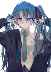 Rule 34 | 1girl, aqua eyes, aqua hair, aqua nails, aqua necktie, bespectacled, black jacket, black skirt, commentary, glasses, hair ribbon, hands on eyewear, hands up, hatsune miku, highres, jacket, long hair, looking at viewer, nail polish, necktie, open mouth, pleated skirt, ribbon, shirt, skirt, sleeveless, sleeveless shirt, solo, standing, twintails, un known9999, upper body, very long hair, vocaloid, white background, white shirt