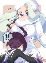 Rule 34 | !, !!, 1boy, 1girl, ahoge, allister (pokemon), blue eyes, breasts, closed mouth, commentary request, creatures (company), earrings, eyelashes, game freak, gloves, hand up, hat, highres, jewelry, kudou (gst910), long hair, long sleeves, looking down, mature female, melony (pokemon), multicolored hair, nintendo, pantyhose, partially fingerless gloves, pokemon, pokemon swsh, scarf, shirt, short hair, shorts, streaked hair, suspenders, sweat, sweater, twitter username, white headwear, white scarf, white sweater