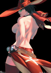 Rule 34 | arc system works, belt, black background, black hair, breasts, brown belt, brown thighhighs, cowboy shot, fingerless gloves, gloves, green-tinted eyewear, green-tinted glasses, guilty gear, guilty gear strive, hat, highres, i-no, large breasts, nipples, orihalchon, red hat, red scarf, scarf, sideboob, sunglasses, thighhighs, tinted eyewear, tongue, tongue out, topless, twitter username, waist cape, witch hat