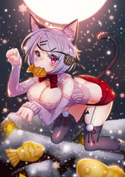 Rule 34 | 1girl, animal ears, animal print, artist request, bat print, blue eyes, blush, breasts, cat ears, cat girl, cat tail, eyepatch, unworn eyepatch, food, food in mouth, garter straps, hair ornament, hairclip, hairpin, heterochromia, iri flina, kemonomimi mode, large breasts, looking at viewer, meme attire, mouth hold, official art, open-chest sweater, paw pose, red eyes, ribbed sweater, ribbon, short hair, silver hair, smile, snow, snowflakes, snowing, solo, sweater, sword girls, tail, taiyaki, thighhighs, wagashi, winter