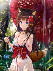 Rule 34 | 1girl, absurdres, animal ear fluff, animal ears, blue eyes, bow, breasts, brown hair, choker, cleavage, closed mouth, collarbone, commentary, dress, flower, fox ears, fox girl, fox tail, hair flower, hair ornament, highres, holding, holding umbrella, japanese clothes, leaf, long hair, medium breasts, na kyo, oil-paper umbrella, original, red bow, see-through, sleeveless, sleeveless dress, standing, tail, tassel, tree, umbrella, water, water drop, waterfall, wet, wet clothes, wet dress, white dress, wind chime