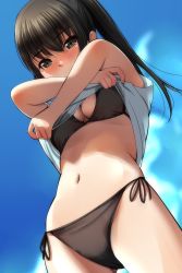 Rule 34 | 1girl, absurdres, bikini, bikini under clothes, black bikini, black hair, blue sky, blush, breasts, cleavage, cloud, covered mouth, cowboy shot, day, female focus, from below, gluteal fold, highres, long hair, looking at viewer, looking down, matsunaga kouyou, medium breasts, navel, nose blush, original, outdoors, ponytail, short sleeves, side-tie bikini bottom, sky, solo, standing, swimsuit, swimsuit under clothes, undressing