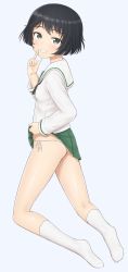 Rule 34 | 1girl, ass, black hair, black neckerchief, blush, breasts, clothes lift, full body, girls und panzer, green eyes, highres, kneeling, lifted by self, looking at viewer, looking to the side, monochrome background, neckerchief, ooarai school uniform, panties, sc naru, school uniform, short hair, side-tie panties, simple background, skindentation, skirt, skirt lift, small breasts, smile, socks, solo, teeth, underwear, utsugi yuuki, white background, white panties, white socks