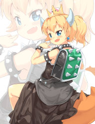 Rule 34 | 1girl, :d, aged down, backpack, bag, bare shoulders, black dress, blonde hair, blue eyes, blush, bowsette, bracelet, check commentary, collar, commentary request, crown, dress, fang, garun wattanawessako, hand up, highres, jewelry, looking at viewer, looking back, mario (series), mini crown, new super mario bros. u deluxe, nintendo, open mouth, ponytail, randoseru, skin fang, smile, solo, spiked bracelet, spiked collar, spiked tail, spikes, super crown, tail, v-shaped eyebrows, white background, zoom layer