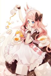 Rule 34 | 1girl, absurdres, animal ears, apron, black dress, blunt bangs, blush, bow, braid, braided bangs, commentary request, cup, dress, frilled apron, frills, hair bow, highres, huge bow, long dress, long hair, looking at object, maid, maid apron, original, pink hair, pinkusan, pouring, puffy short sleeves, puffy sleeves, rabbit ears, short sleeves, solo, teacup, teapot, waist bow, white apron, wrist cuffs