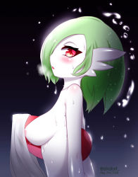 Rule 34 | 1girl, absurdres, akatori (redbird), areola slip, artist name, blue background, blush, breasts, breath, colored skin, creatures (company), dated, female focus, from side, game freak, gardevoir, gen 3 pokemon, gradient background, green hair, hair over one eye, half-closed eyes, highres, looking at viewer, looking to the side, medium breasts, nintendo, nude, open mouth, pokemon, pokemon (creature), profile, red eyes, see-through, shiny skin, short hair, simple background, solo, towel, twitter username, upper body, water, watermark, wet, wet hair, white skin