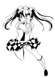Rule 34 | 1girl, :q, absurdres, blush, boots, bow, cellphone, checkered clothes, checkered skirt, commentary request, flip phone, foreshortening, full body, gluteal fold, greyscale, hair bow, hat, highres, himajin noizu, himekaidou hatate, holding, holding phone, long hair, looking at viewer, monochrome, necktie, one eye closed, panties, pantyshot, phone, pointy ears, simple background, skirt, solo, standing, standing on one leg, tokin hat, tongue, tongue out, touhou, twintails, underwear, white background