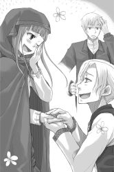 Rule 34 | 1girl, 2boys, :d, ;d, ayakura juu, blush, cape, craft lawrence, dress shirt, fang, flower, from side, greyscale, holding hands, hand on head, hand on own hip, holo, hood, hooded, jacket, monochrome, multiple boys, novel illustration, official art, one eye closed, open mouth, shirt, smile, spice and wolf, standing, sweatdrop, weiz