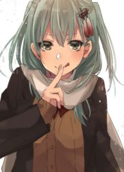 Rule 34 | 1girl, adapted costume, alternate hairstyle, aqua hair, brown jacket, cosplay, enpera, finger to mouth, green eyes, hair ornament, hairclip, jacket, kantai collection, long hair, looking at viewer, rinto (rint rnt), scarf, sendai (kancolle), sendai (kancolle) (cosplay), simple background, smile, solo, suzuya (kancolle), tongue, tongue out, twintails, two side up, upper body, white background