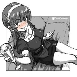 Rule 34 | 1girl, ashigara (kancolle), blush, breasts, cup, fang, from above, greyscale, hairband, highres, holding, holding cup, kantai collection, large breasts, long hair, monochrome, nose blush, omuraashu, open mouth, pantyhose, pencil skirt, sidelocks, sitting, skirt, solo, spot color, twitter username, uniform