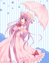 1girl bad_id bad_pixiv_id dress female_focus hat long_hair mizuse_ruka parasol patchouli_knowledge purple_hair rain ribbon solo touhou umbrella