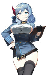 Rule 34 | 1girl, ako (blue archive), bell, belt, black gloves, black skirt, black thighhighs, blue archive, blue coat, blue eyes, blue hair, blue hairband, blue jacket, breasts, brown belt, buttons, chain, clipboard, coat, cowboy shot, cuffs, curvy, double-breasted, earrings, framed breasts, fukemachi, gloves, grin, hair between eyes, hair ribbon, hairband, half gloves, hand on own hip, highres, holding, holding clipboard, jacket, jewelry, large breasts, long hair, long sleeves, looking at viewer, military, military uniform, miniskirt, neck bell, red ribbon, ribbon, shackles, shirt, sideboob, simple background, skirt, smile, solo, thighhighs, uniform, white background, white shirt, wide hips