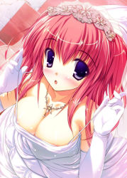 Rule 34 | 1girl, areola slip, bare shoulders, blue eyes, blush, breasts, bride, cleavage, dress, elbow gloves, female focus, from above, gloves, hairband, himemiya arisu, huge breasts, jewelry, large breasts, necklace, nipple slip, nipples, open mouth, pastel (game), pink hair, purple eyes, red hair, solo, strap lift, wedding dress, yuki usagi