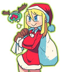 Rule 34 | 1girl, blonde hair, blue eyes, blush, brown gloves, christmas, closed mouth, contrapposto, dress, fake antlers, gloves, green outline, hairband, hat, holding, medium hair, metroid, metroid (creature), mole, mole under mouth, nintendo, outline, pom pom (clothes), rariatto (ganguri), red dress, red headwear, sack, samus aran, santa costume, santa hat, short dress, simple background, smile, solo, standing, white background