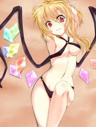 Rule 34 | 1girl, :3, armpits, arms behind head, asymmetrical wings, bad id, bad pixiv id, bikini, black bikini, blonde hair, breasts, come hither, criss-cross halter, fang, fang out, flandre scarlet, halterneck, halterneck, highres, looking at viewer, lying, micro bikini, o-ring, o-ring bikini, on back, red eyes, short hair, side ponytail, slit pupils, smile, solo, swimsuit, tenneko yuuri, touhou, wings