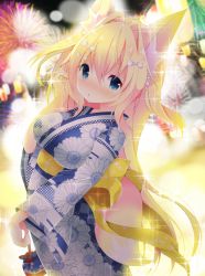 Rule 34 | 1girl, aerial fireworks, animal ear fluff, animal ears, back bow, blonde hair, blue eyes, blue kimono, blurry, blurry background, blush, bow, breasts, commentary request, depth of field, fireworks, floral print, fox ears, fox girl, fox tail, fuuna thise, hair between eyes, hand up, holding, japanese clothes, kimono, long hair, looking at viewer, medium breasts, nose blush, obi, original, parted lips, print kimono, sash, solo, tail, very long hair, white bow, yellow bow