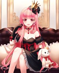 Rule 34 | 1girl, absurdres, bare shoulders, black bow, black dress, black gloves, blunt bangs, blush, bow, breasts, cleavage, collarbone, couch, crossed legs, crown, dress, earrings, elbow gloves, gloves, twirling hair, heart, heart earrings, highres, indoors, jewelry, long hair, looking at viewer, medium breasts, necklace, open mouth, original, pink hair, red eyes, red neckwear, red ribbon, ribbon, sarablanche, sitting, smile, solo, stuffed animal, stuffed toy, twitter username