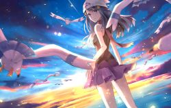 Rule 34 | 1girl, bare arms, beanie, blurry, breasts, closed mouth, cloud, commentary request, creatures (company), dawn (pokemon), eyelashes, floating scarf, game freak, gen 3 pokemon, hair ornament, hairclip, hat, highres, kneepits, long hair, nintendo, outdoors, pokemon, pokemon (creature), pokemon dppt, red scarf, scarf, sky, sleeveless, twilight, white headwear, wingull, yoru nights