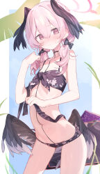 Rule 34 | 1girl, bag, bikini, black bikini, black bow, black wings, blue archive, blush, bow, closed mouth, commentary, cowboy shot, double-parted bangs, feathered wings, flat chest, floral print, front-tie bikini top, front-tie top, hair between eyes, hair bow, hair over shoulder, halo, hand up, head wings, highres, koharu (blue archive), koharu (swimsuit) (blue archive), long hair, low twintails, low wings, mia cbx, navel, official alternate costume, pink eyes, pink hair, pink halo, print bikini, solo, spaghetti strap, swimsuit, twintails, wings