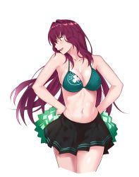 Rule 34 | 1girl, bare shoulders, bikini, bikini top only, black skirt, blush, breasts, cheerleader, cleavage, clover print, collarbone, fate/grand order, fate (series), green bikini, hands on own hips, highres, hip focus, large breasts, long hair, miniskirt, navel, open mouth, pom pom (cheerleading), purple hair, red eyes, scathach (fate), shijie jianfa, simple background, skirt, smile, solo, swimsuit, thighs, white background