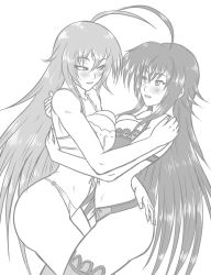 Rule 34 | 2girls, :d, ahoge, artist request, bare arms, bare legs, blush, bra, breast press, breasts, cleavage, couple, crossover, eye contact, greyscale, hair between eyes, high school dxd, hug, kurokami medaka, large breasts, legs, lingerie, long hair, looking at another, medaka box, midriff, monochrome, multiple girls, navel, open mouth, panties, rias gremory, simple background, smile, standing, symmetrical docking, thighhighs, underwear, very long hair, white background, yuri