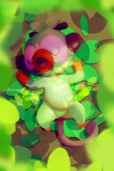 Rule 34 | absurdres, animal, blurry, closed eyes, commentary request, creatures (company), closed eyes, fangs, from above, game freak, gen 8 pokemon, grookey, highres, leaf, lying, nintendo, no humans, on back, open mouth, pokemon, pokemon (creature), sleeping, solo, tongue, u u, zigrock