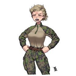 Rule 34 | 1girl, absurdres, artist logo, belt, blonde hair, blush, breasts, camouflage, camouflage jacket, camouflage pants, closed eyes, commentary, cowboy shot, cropped legs, english commentary, hands on own hips, highres, jacket, kaisa taivaljarvi, large breasts, military uniform, open mouth, original, ostwindprojekt, pants, seno lepo, shirt tucked in, short hair, simple background, solo, uniform, white background