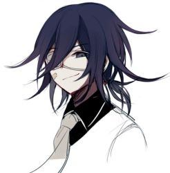 Rule 34 | 1boy, bandaid, bandaid on cheek, bandaid on face, black hair, black shirt, closed mouth, collared shirt, commentary request, cropped shoulders, danganronpa (series), danganronpa v3: killing harmony, eyepatch, hair between eyes, half-closed eye, looking at viewer, low ponytail, male focus, medium hair, necktie, oma kokichi, ponytail, qiao xing, shirt, simple background, sketch, smile, solo, white background