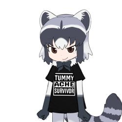 Rule 34 | animal ears, black hair, bow, bowtie, brown eyes, clenched hands, clothes writing, common raccoon (kemono friends), fawnmoth, fur collar, grey hair, kemono friends, multicolored hair, raccoon ears, raccoon girl, raccoon tail, shirt, short hair, short sleeves, smile, t-shirt, tail, tearing up, trembling, white hair