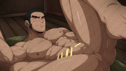 Rule 34 | 1boy, abs, ass, bar censor, bara, beard, black hair, brown eyes, buzz cut, censored, chest hair, completely nude, erection, facial hair, feet out of frame, golden kamuy, highres, kuroshinki, large pectorals, long sideburns, lying, male focus, mature male, muscular, muscular male, navel, nipples, nude, on back, paid reward available, pectorals, penis, paid reward available, short hair, sideburns, solo, spread legs, stomach, stubble, tanigaki genjirou, thick eyebrows, thick thighs, thighs, veins, veiny penis, very short hair