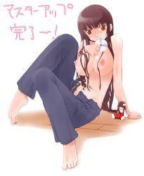 Rule 34 | 1girl, arm support, barefoot, blunt bangs, breasts, brown hair, cd, chibi, denim, feet, jeans, large breasts, long hair, miito shido, nipples, original, pants, red eyes, sitting, solo, tomboy, topless, unbuttoned, unzipped
