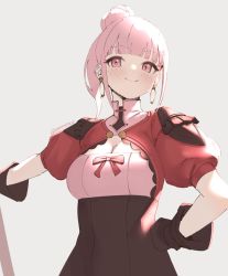 Rule 34 | 1girl, artist name, black gloves, blush, bow, brown skirt, closed mouth, commentary, dated commentary, earrings, female focus, fire emblem, fire emblem: three houses, fire emblem warriors, fire emblem warriors: three hopes, gloves, grey background, hair bun, hand on own hip, high-waist skirt, hilda valentine goneril, hoop earrings, jewelry, looking at viewer, matching hair/eyes, nintendo, pink eyes, pink hair, pink shirt, red bow, shirt, simple background, single hair bun, skeptycally, skirt, smile, solo