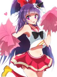 Rule 34 | 1girl, alternate costume, black bow, blouse, blunt bangs, boots, bow, breasts, cheerleader, cure magical, earrings, hair up, haru (nature life), hat, heart, izayoi liko, jewelry, long hair, mahou girls precure!, medium breasts, midriff, navel, pom pom (cheerleading), precure, purple eyes, purple hair, red bow, red skirt, shirt, skirt, sleeveless, solo, star (symbol), white shirt, witch hat, yellow footwear
