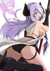 Rule 34 | 10s, 1girl, absurdres, ass, black footwear, black gloves, black panties, blue eyes, blush, boots, breasts, bug, butterfly, draph, elbow gloves, flat ass, floating hair, from behind, gloves, granblue fantasy, hair ornament, hair over one eye, high heel boots, high heels, highres, holding, holding sword, holding weapon, horns, insect, kanzaki kureha, katana, large breasts, leg up, long hair, looking back, low-tied long hair, narmaya (granblue fantasy), no bra, open mouth, panties, pointy ears, purple hair, sideboob, simple background, solo, sword, underwear, weapon, white background