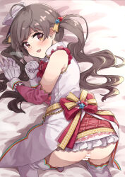 Rule 34 | 1girl, ahoge, ass, blush, brown eyes, brown hair, cleft of venus, clothes lift, detached sleeves, dress, dress lift, hakozaki serika, hat, idol, idol clothes, idolmaster, idolmaster million live!, kusugi tai, looking at viewer, looking back, pink sleeves, presenting, pussy, solo, thighhighs, twintails, white dress, white hat, white thighhighs