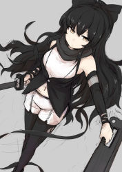 Rule 34 | 1girl, black bow, black hair, black pantyhose, black scarf, black vest, blake belladonna, bow, buttons, detached sleeves, dutch angle, expressionless, eyebrows, grey background, hair between eyes, hair bow, holding, holding weapon, long hair, looking at viewer, navel, pantyhose, raikou (gotaishu), rwby, scarf, shirt, shorts, simple background, single sleeve, sketch, sleeveless, sleeveless shirt, solo, standing, vest, walking, weapon, white shirt, white shorts, yellow eyes