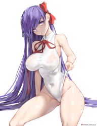 Rule 34 | 1girl, bb (fate), bb (fate) (all), bb (swimsuit mooncancer) (fate), bb (swimsuit mooncancer) (third ascension) (fate), breasts, commentary, covered navel, fate/grand order, fate (series), female focus, frontal wedgie, hair ribbon, highleg, highleg leotard, highres, kilalesi, large breasts, leotard, long hair, looking at viewer, matching hair/eyes, patreon username, popped collar, purple eyes, purple hair, red ribbon, ribbon, simple background, sitting, solo, very long hair, watermark, web address, wedgie, white background, white leotard