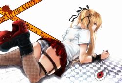 Rule 34 | 1girl, asagi516, ass, blonde hair, boots, brown eyes, cameltoe, dead or alive, from behind, hair ribbon, long hair, looking at viewer, looking back, lying, marie rose, on stomach, panties, ribbon, school uniform, skirt, solo, striped clothes, striped panties, thigh strap, thighhighs, twintails, underwear, wristband