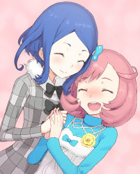 Rule 34 | 2girls, ^ ^, ayase naru, blue hair, blush, bow, chiwino, closed eyes, dress, closed eyes, female focus, holding hands, implied yuri, multiple girls, open mouth, pink background, pink hair, pretty series, pretty rhythm, pretty rhythm rainbow live, rinne (pretty rhythm), short hair, smile