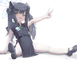 Rule 34 | 1girl, absurdres, animal ear fluff, animal ears, arm support, bad perspective, black dress, black footwear, black hair, blue archive, blunt bangs, blush, breasts, cat ears, china dress, chinese clothes, commentary request, dress, full body, green eyes, highres, hwoi (hw 123), long hair, looking at viewer, open mouth, outstretched arm, shoes, short sleeves, shun (blue archive), shun (small) (blue archive), simple background, sitting, small breasts, smile, solo, thighhighs, twintails, v, white background, white thighhighs